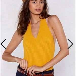 Halter Open Back Ribbed Bodysuit - Mustard